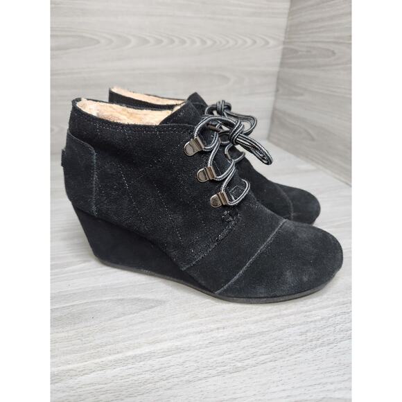 Toms Shoes - TOMS Bootie Womens Size 7Ankle Boot   Lace Up Black Leather Suede Wedge